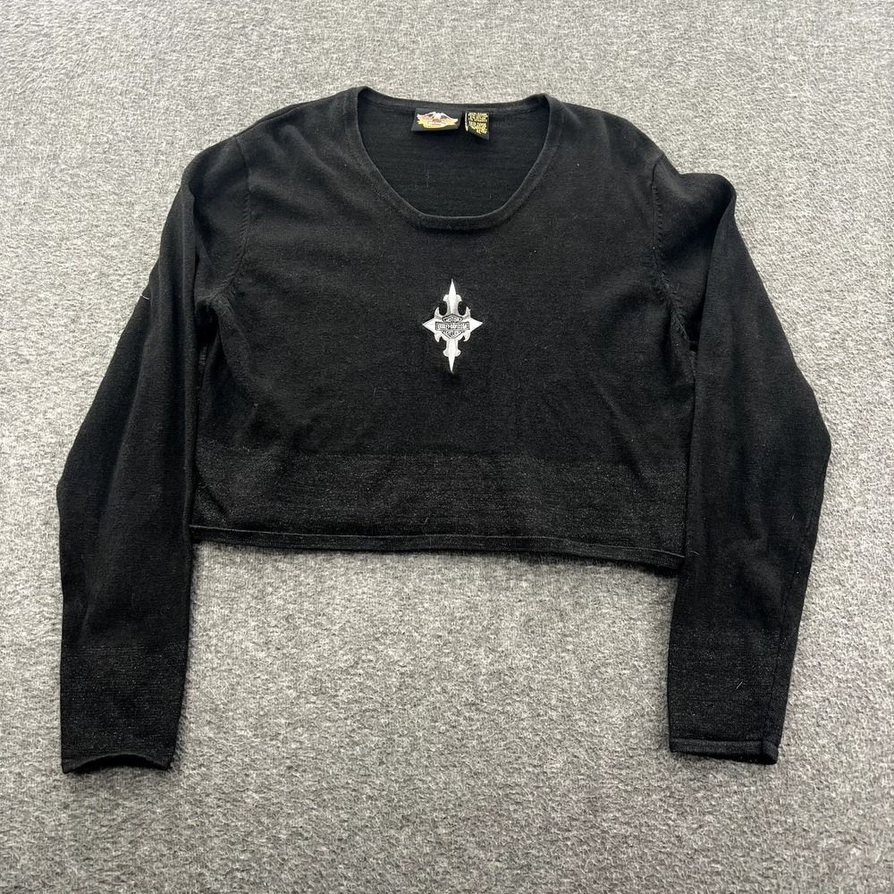 Harley-Davidson Black Long Sleeve Crop Top with White Emblem